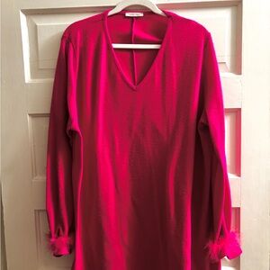 Women's V-Neck Pink Top with Feather Cuffs